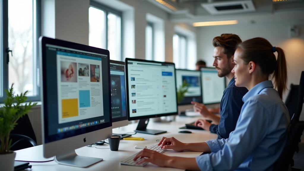 Modernes Webdesign-Studio mit professionellen Designern am Arbeitsplatz